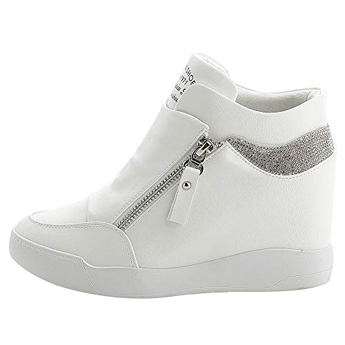 rismart Mujer Cuña Plataforma Botín Elegante Deportivos Zapatillas Zapatos SN15018(Blanco,40.5 EU)
