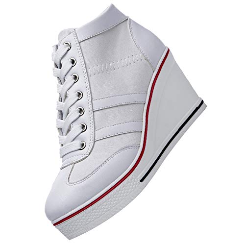 rismart Mujer Tenis de Lona con Tacon Cuña Zapatillas Sneakers Plataforma Alta Altos Zapatos SN02513(Blanco,36 EU)