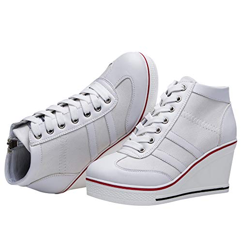 rismart Mujer Tenis de Lona con Tacon Cuña Zapatillas Sneakers Plataforma Alta Altos Zapatos SN02513(Blanco,36 EU)