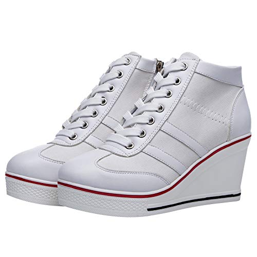 rismart Mujer Tenis de Lona con Tacon Cuña Zapatillas Sneakers Plataforma Alta Altos Zapatos SN02513(Blanco,36 EU)