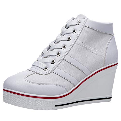 rismart Mujer Tenis de Lona con Tacon Cuña Zapatillas Sneakers Plataforma Alta Altos Zapatos SN02513(Blanco,36 EU)