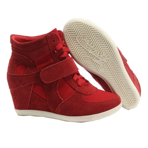 Rismart Mujer Zapatos Formal Oculto Tacón Cuña Gamuza Tela Zapatillas (Rojo,EU37)