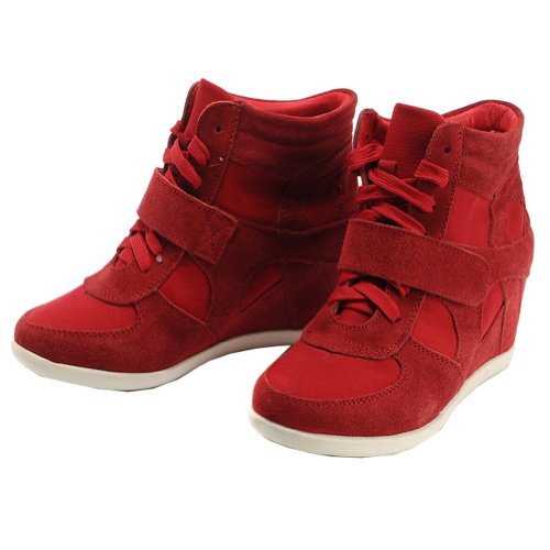 Rismart Mujer Zapatos Formal Oculto Tacón Cuña Gamuza Tela Zapatillas (Rojo,EU37)
