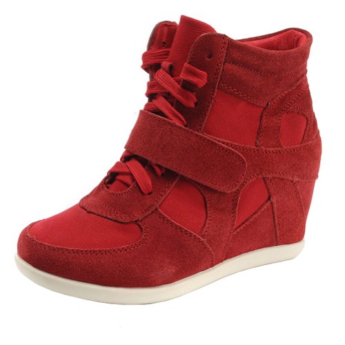 Rismart Mujer Zapatos Formal Oculto Tacón Cuña Gamuza Tela Zapatillas (Rojo,EU37)