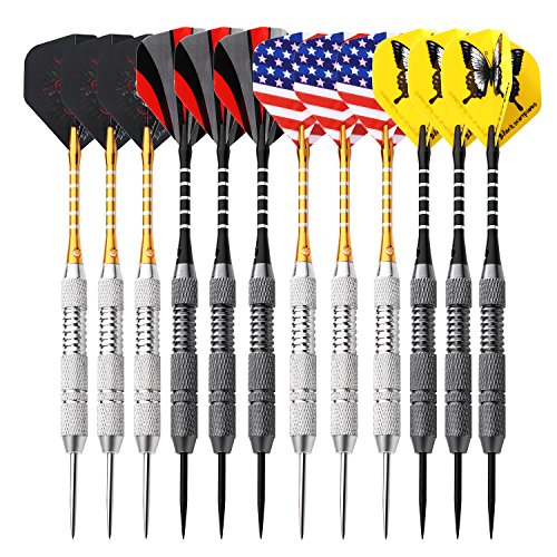 Rose Kuli Juego de Dardos con Punta de Acero - Dardos Profesionales de 24 g con Ejes de Aluminio, Paquete de 12 Dardos con vuelos de 4 Estilos, Estuche Premium
