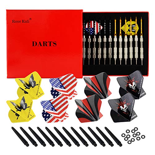 Rose Kuli Juego de Dardos con Punta de Acero - Dardos Profesionales de 24 g con Ejes de Aluminio, Paquete de 12 Dardos con vuelos de 4 Estilos, Estuche Premium