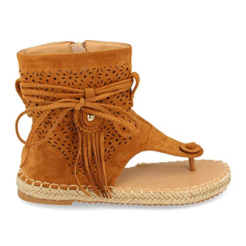 Sandalia Abotinada para Mujer, de Tipo Esclava, con Yute, Flecos, y Cierre de Cremallera, Primavera Verano 2021. Talla 36 Camel
