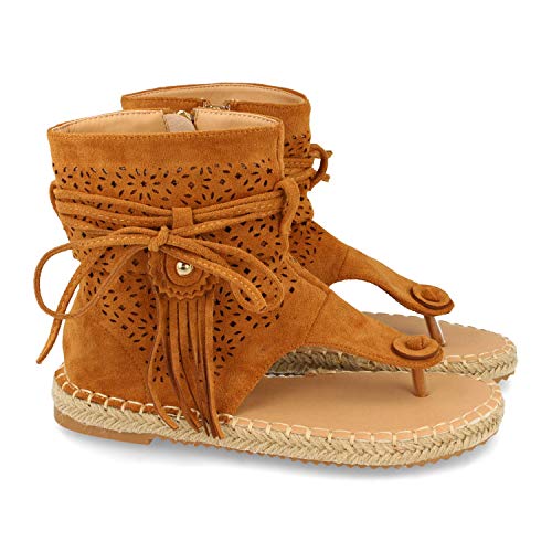 Sandalia Abotinada para Mujer, de Tipo Esclava, con Yute, Flecos, y Cierre de Cremallera, Primavera Verano 2021. Talla 36 Camel