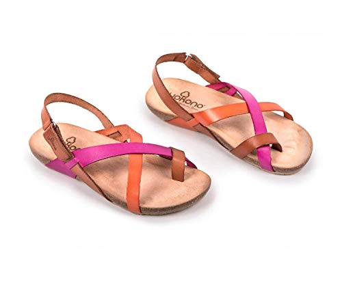 Sandalia Bio de Piel Plana para Mujer con Velcro - YOKONO Ibiza 718 Marrón, Rosa y Naranja (Numeric_36)