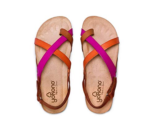 Sandalia Bio de Piel Plana para Mujer con Velcro - YOKONO Ibiza 718 Marrón, Rosa y Naranja (Numeric_36)
