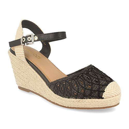 Sandalia de Mujer con Cuna de Yute, Pala Cerrada, Talon Abierto y Cierre de Hebilla en el Tobillo Primavera Verano 2020. Talla 40 Negro