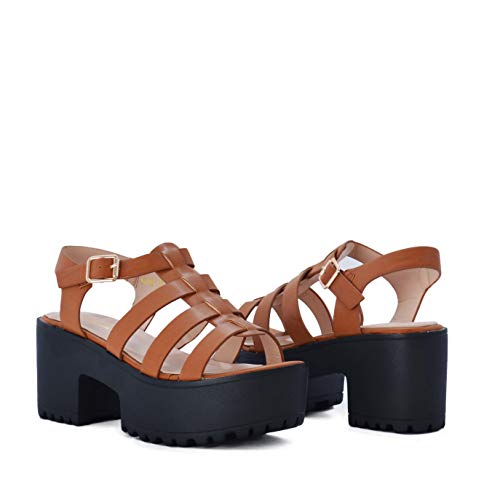 Sandalia de Mujer Estilo Cangrejera con Plataforma Verano (38 EU, Camel)