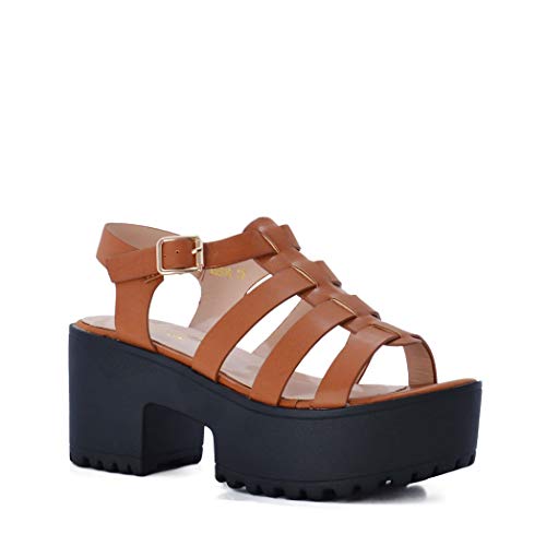 Sandalia de Mujer Estilo Cangrejera con Plataforma Verano (39 EU, Camel)