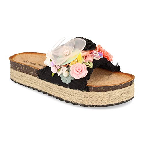 Sandalia de Mujer Estilo Hippy con Plataforma de Yute, Pala Ancha con Adorno de Flores y Planta Bio Anatomica. Primavera Verano 2020. Talla 36 Negro