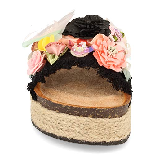 Sandalia de Mujer Estilo Hippy con Plataforma de Yute, Pala Ancha con Adorno de Flores y Planta Bio Anatomica. Primavera Verano 2020. Talla 36 Negro