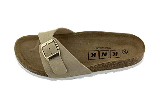 Sandalia de piel, piso plano de 1.5 Cm. planta de piel. Fabricación BIO, Nº 36, color Beige, Made in Spain, (Ref: 0740-beige 36)