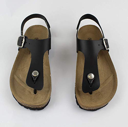 Sandalia de Piel, Piso Plano de 1.5 Cm. Planta de Piel. Fabricación Bio, Nº 40, Color Negro Made in Spain. (Ref: 3577-Negro 40)