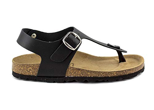 Sandalia de Piel, Piso Plano de 1.5 Cm. Planta de Piel. Fabricación Bio, Nº 40, Color Negro Made in Spain. (Ref: 3577-Negro 40)