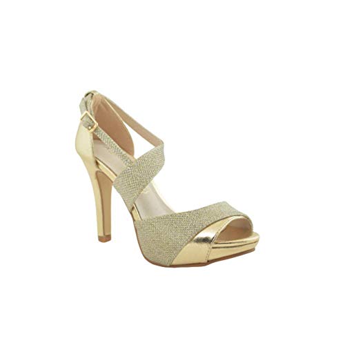 Sandalia Fiesta tacón Alto Tiras Cruzada Oro