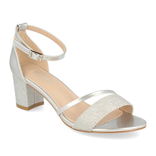 Sandalia Mujer Ankle Strap de Vestir con Tacon, Detalle Brillante y Pulsera con Hebilla en el Tobillo. Primavera Verano 2020. Talla 36 Plata