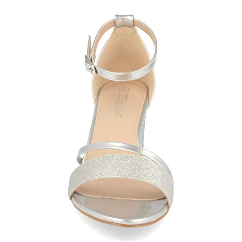 Sandalia Mujer Ankle Strap de Vestir con Tacon, Detalle Brillante y Pulsera con Hebilla en el Tobillo. Primavera Verano 2020. Talla 36 Plata