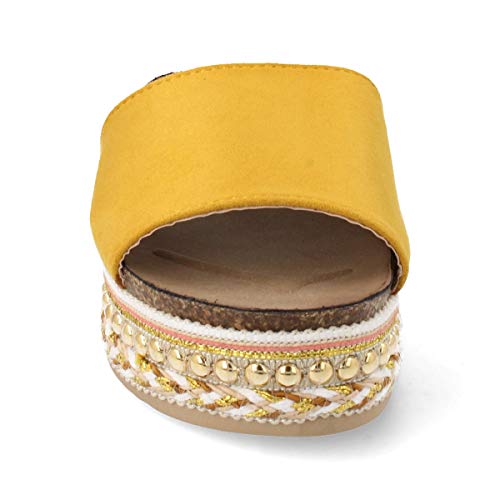 Sandalia Mujer Casual Plataforma Forrada con Banda de Rafia y Tachuelas Planta Anatomica Bio Confort Modelo con Lazo Primavera Verano 2019 Talla 39 Amarillo