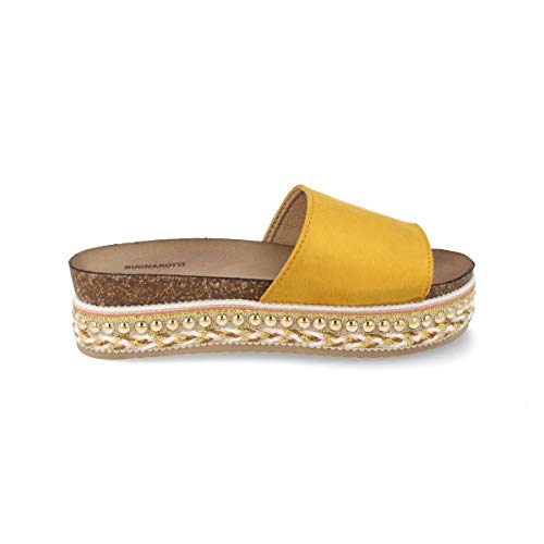 Sandalia Mujer Casual Plataforma Forrada con Banda de Rafia y Tachuelas Planta Anatomica Bio Confort Modelo con Lazo Primavera Verano 2019 Talla 39 Amarillo