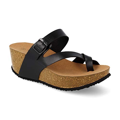 Sandalia Mujer con Esclava y Plataforma en Cuna Anatomica Confort - Corte Metalizado con Hebilla Ajustable Primavera Verano 2019. Talla 41 Negro