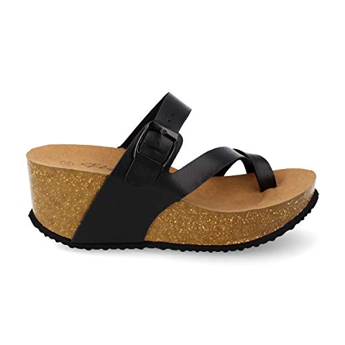 Sandalia Mujer con Esclava y Plataforma en Cuna Anatomica Confort - Corte Metalizado con Hebilla Ajustable Primavera Verano 2019. Talla 41 Negro