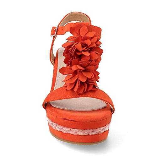 Sandalia Mujer de Cuna Casual con Flores Plataforma Forrada en Rafia Primavera Verano 2019. Talla 36 Naranja