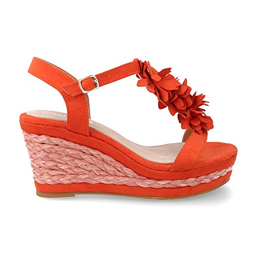 Sandalia Mujer de Cuna Casual con Flores Plataforma Forrada en Rafia Primavera Verano 2019. Talla 36 Naranja