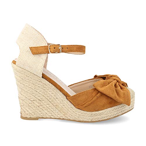 Sandalia Mujer de Esparto Cuna Plataforma de Yute con Cierre de Pulsera y Lazo Primavera veranos 2019. Talla 39 Camel