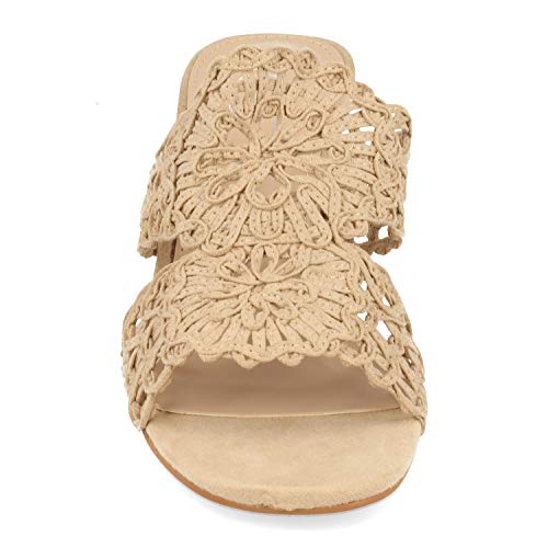 Sandalia Mujer Estilo Casual-Chic con Tacon Ancho, Pala de Rejilla con Adorno Flor y Talon Abierto. Primavera Verano 2020. Talla 37 Beige