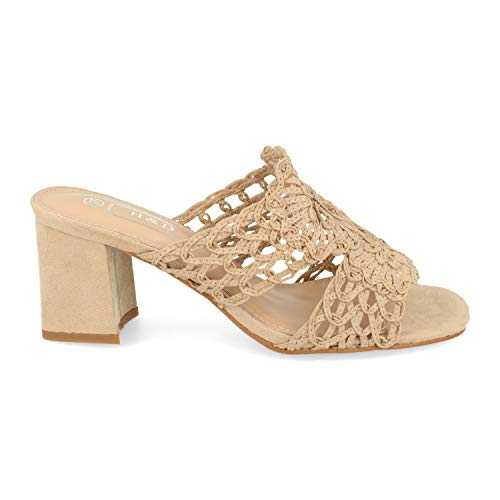 Sandalia Mujer Estilo Casual-Chic con Tacon Ancho, Pala de Rejilla con Adorno Flor y Talon Abierto. Primavera Verano 2020. Talla 37 Beige