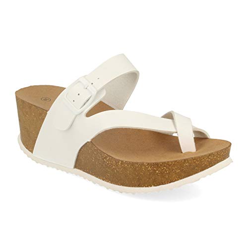 Sandalia Mujer Estilo Urban-Casual con Cuna Bio Confort, Correa Cruzada en Esclava, Talon Abierto y Hebilla. Primavera Verano. Talla 37 Blanco