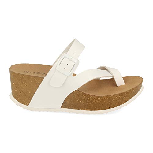 Sandalia Mujer Estilo Urban-Casual con Cuna Bio Confort, Correa Cruzada en Esclava, Talon Abierto y Hebilla. Primavera Verano. Talla 37 Blanco