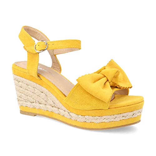 Sandalia Mujer Plataforma de Yute Combinado con Lazo Decorativo y Pulsera Ajustable Primavera Verano 2019 Talla 41 Amarillo