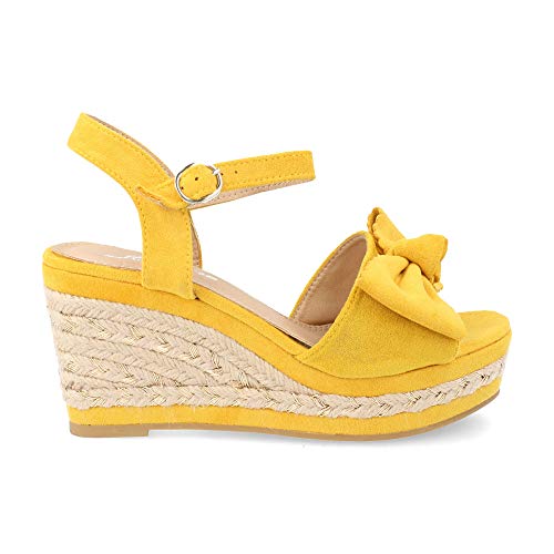 Sandalia Mujer Plataforma de Yute Combinado con Lazo Decorativo y Pulsera Ajustable Primavera Verano 2019 Talla 41 Amarillo