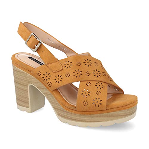 Sandalia Mujer Plataforma Tacon Efecto Madera Zueco con Perforado de Flores Y Correa Ajustable Primavera Verano 2019. Talla 40 Camel