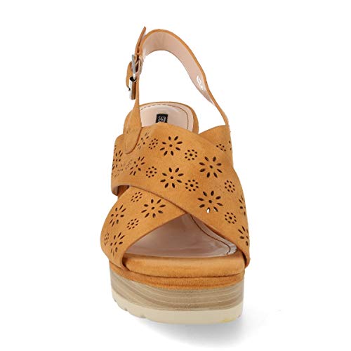 Sandalia Mujer Plataforma Tacon Efecto Madera Zueco con Perforado de Flores Y Correa Ajustable Primavera Verano 2019. Talla 40 Camel