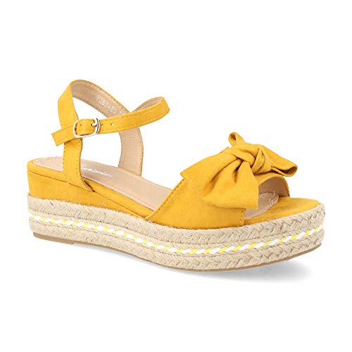 Sandalia Mujer Plataforma Yute de Cuna Baja Combinado con Lazo Decorativo y Pulsera Ajustable Primavera Verano 2019 Talla 39 Amarillo