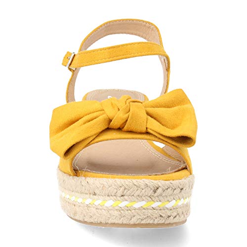 Sandalia Mujer Plataforma Yute de Cuna Baja Combinado con Lazo Decorativo y Pulsera Ajustable Primavera Verano 2019 Talla 39 Amarillo
