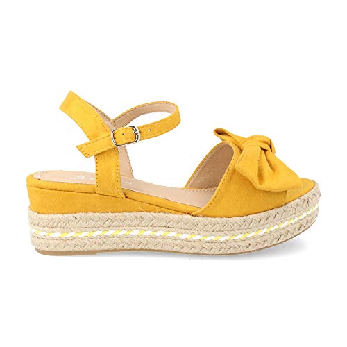 Sandalia Mujer Plataforma Yute de Cuna Baja Combinado con Lazo Decorativo y Pulsera Ajustable Primavera Verano 2019 Talla 39 Amarillo