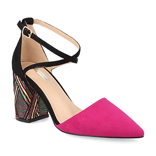 Sandalia Mujer Punta Fina con Tacon Alto Forrado de Rafia y Tulsera Ajustable Tiras Cruzadas Primavera Verano 2019 Talla 40 Fucsia