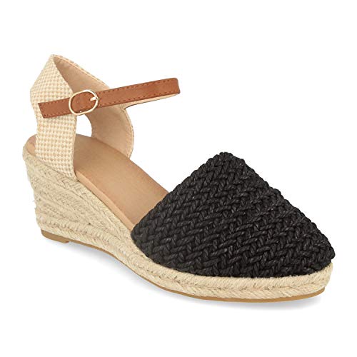 Sandalia para Mujer con Cuna de Yute, Pala Cerrada de Rafia, Talon Abierto y Cierre de Hebilla Primavera Verano 2021. Talla 37 Negro
