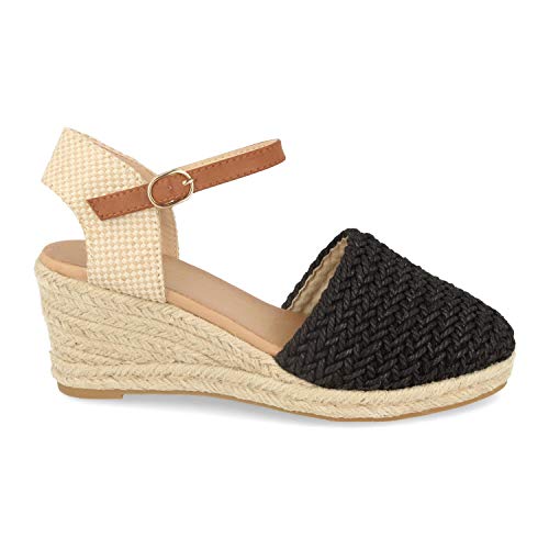 Sandalia para Mujer con Cuna de Yute, Pala Cerrada de Rafia, Talon Abierto y Cierre de Hebilla Primavera Verano 2021. Talla 37 Negro