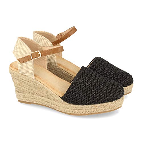Sandalia para Mujer con Cuna de Yute, Pala Cerrada de Rafia, Talon Abierto y Cierre de Hebilla Primavera Verano 2021. Talla 37 Negro