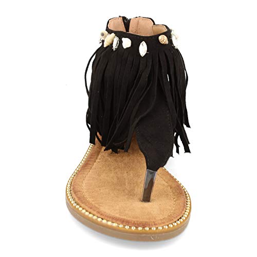 Sandalia Plana de Esclava con Talon Cubierto, Flecos, Adorno de Conchas Marinas, Tachuelas y Cremallera. Primavera Verano 2020. Talla 40 Negro