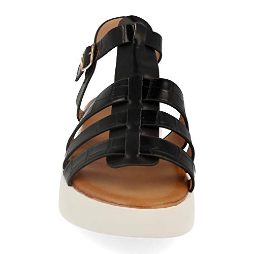 Sandalia Plana de Mujer Estilo Cangrejera con Talon Abierto, Grabado Cocodrilo, Puntera Abierta y Hebilla. Primavera Verano 2020. Talla 40 Negro