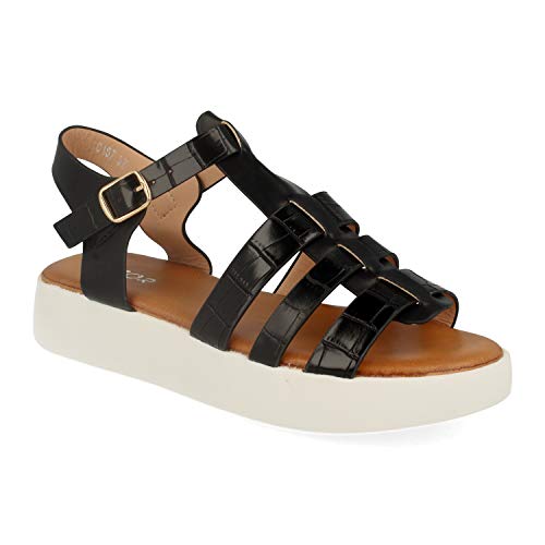 Sandalia Plana de Mujer Estilo Cangrejera con Talon Abierto, Grabado Cocodrilo, Puntera Abierta y Hebilla. Primavera Verano 2020. Talla 40 Negro